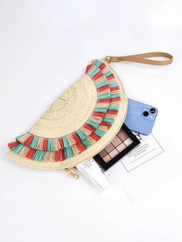 Women's Beach Vacation Straw Raffia Tassel Semicircle Fan Shaped Wristlet