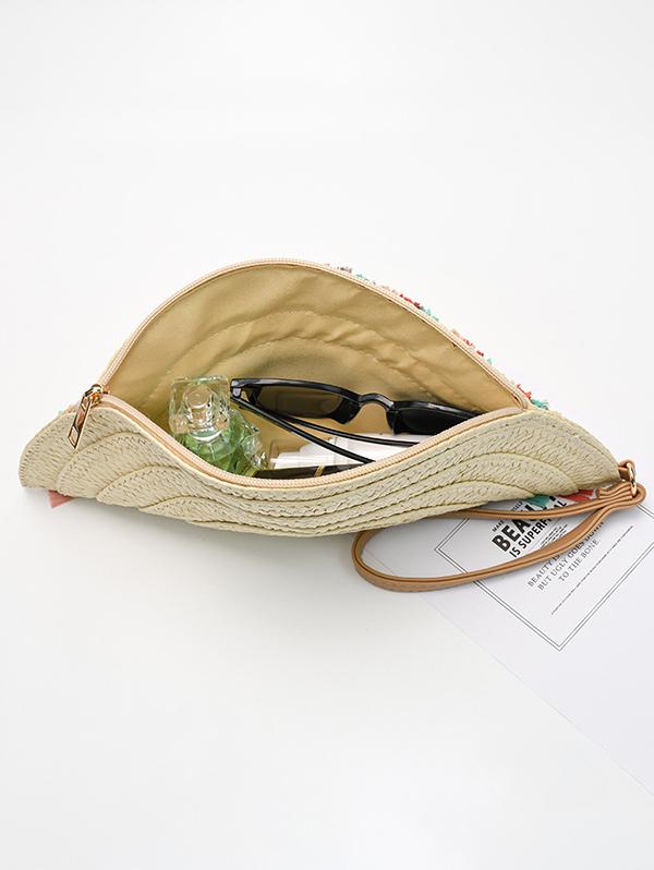 Women's Beach Vacation Straw Raffia Tassel Semicircle Fan Shaped Wristlet