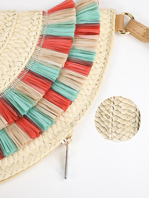 Women's Beach Vacation Straw Raffia Tassel Semicircle Fan Shaped Wristlet