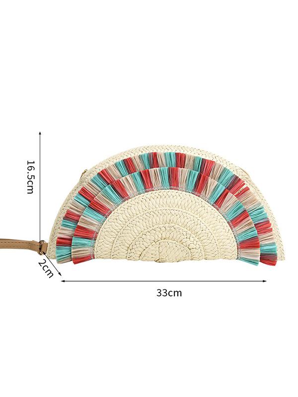 Women's Beach Vacation Straw Raffia Tassel Semicircle Fan Shaped Wristlet