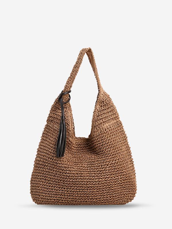 Women's Simple Style Raffia Straw Handmade Weave High Capacity Casual Beach Shoulder Bag with PU Tassel Pendant