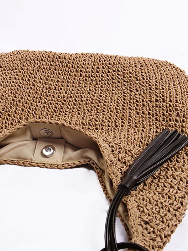 Women's Simple Style Raffia Straw Handmade Weave High Capacity Casual Beach Shoulder Bag with PU Tassel Pendant
