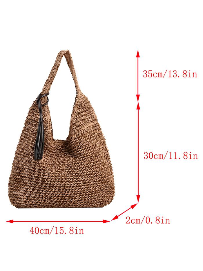 Women's Simple Style Raffia Straw Handmade Weave High Capacity Casual Beach Shoulder Bag with PU Tassel Pendant