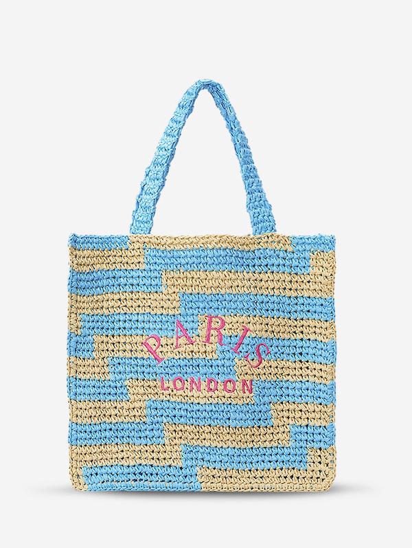 Women's Colorblock PARIS LONDON Letter Embroidered Raffia Straw Braided Beach Vacation Summer Tote Bag