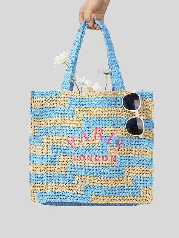 Women's Colorblock PARIS LONDON Letter Embroidered Raffia Straw Braided Beach Vacation Summer Tote Bag