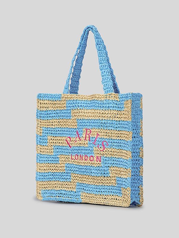 Women's Colorblock PARIS LONDON Letter Embroidered Raffia Straw Braided Beach Vacation Summer Tote Bag