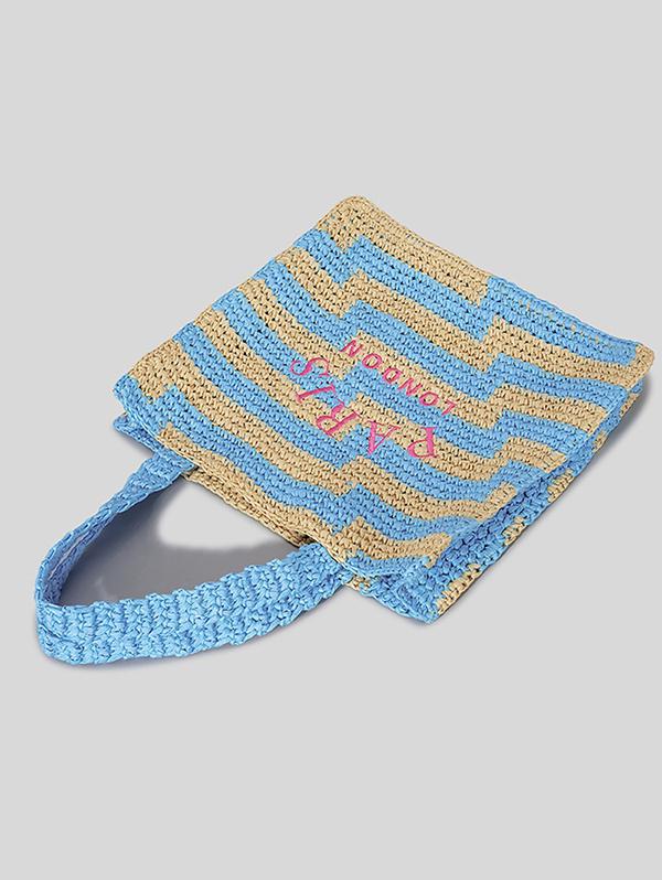 Women's Colorblock PARIS LONDON Letter Embroidered Raffia Straw Braided Beach Vacation Summer Tote Bag