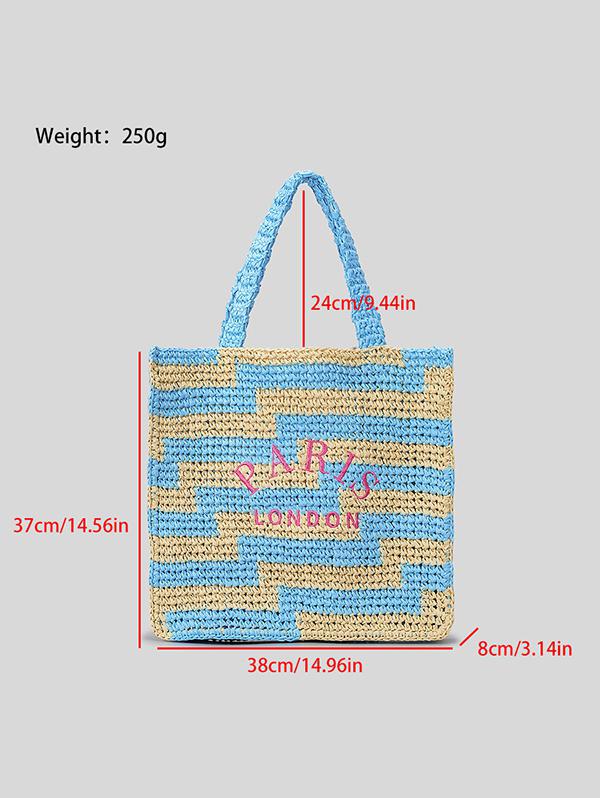 Women's Colorblock PARIS LONDON Letter Embroidered Raffia Straw Braided Beach Vacation Summer Tote Bag