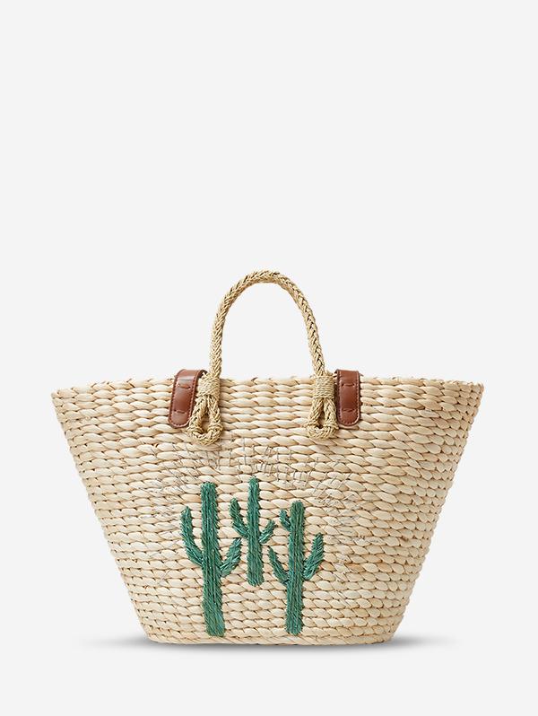 Women's Handmade Braided Cactus Embroidered Drawstring Raffia Straw Beach Shoulder Bag