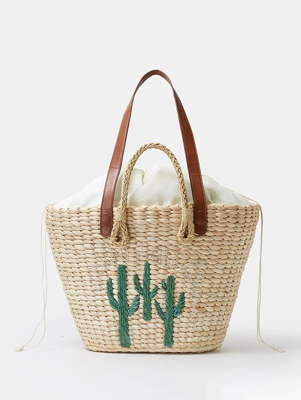 Women's Handmade Braided Cactus Embroidered Drawstring Raffia Straw Beach Shoulder Bag