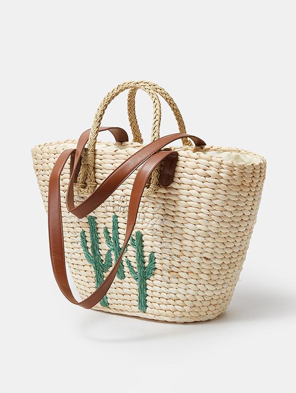 Women's Handmade Braided Cactus Embroidered Drawstring Raffia Straw Beach Shoulder Bag