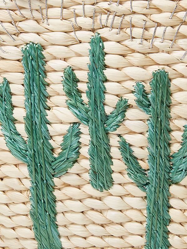 Women's Handmade Braided Cactus Embroidered Drawstring Raffia Straw Beach Shoulder Bag