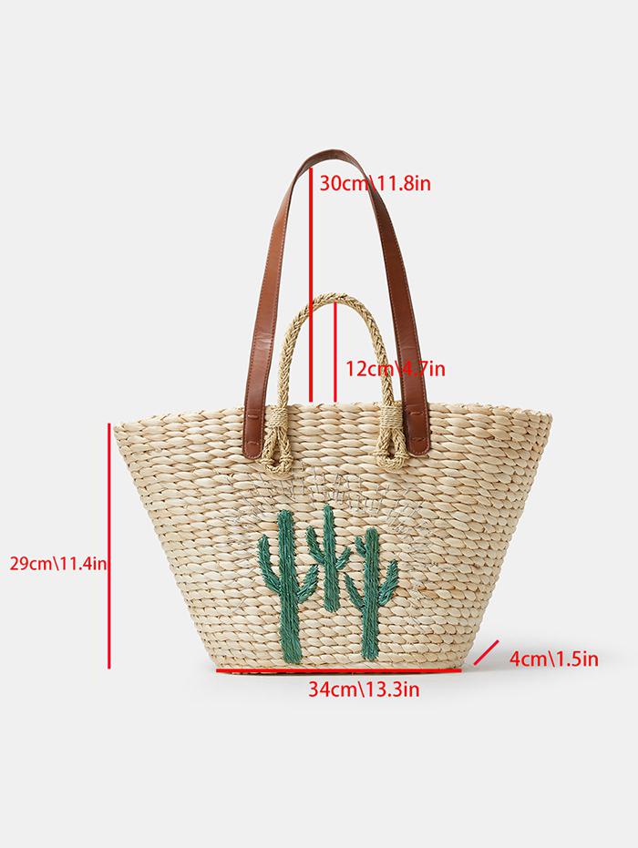 Women's Handmade Braided Cactus Embroidered Drawstring Raffia Straw Beach Shoulder Bag