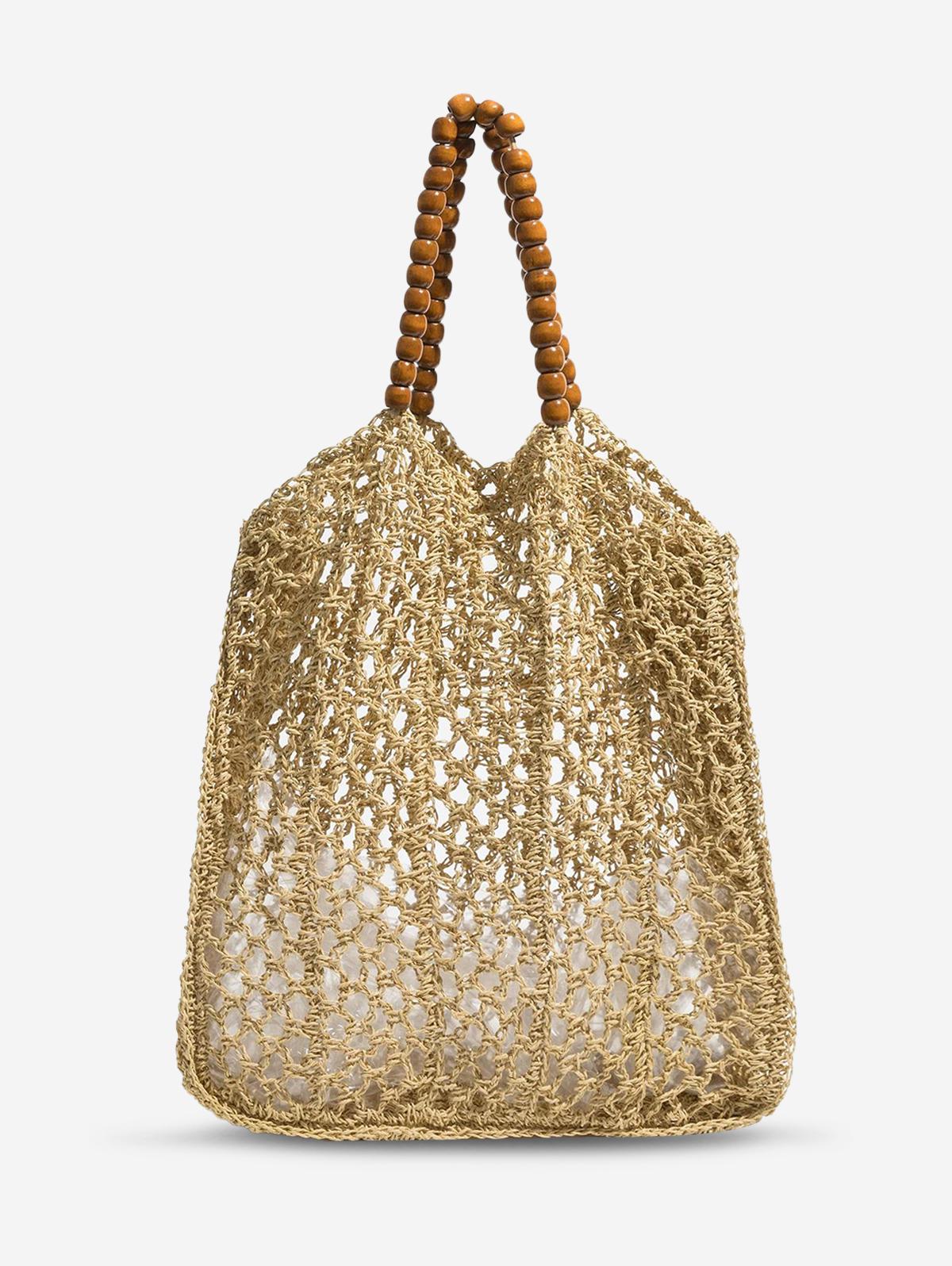 Women's Beads Handle Hollow Out Raffia Straw Handmade Braided Vacation Beach Tote Bag