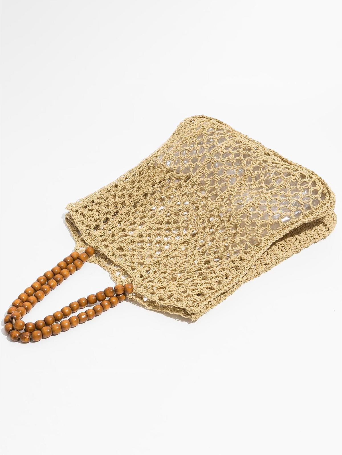 Women's Beads Handle Hollow Out Raffia Straw Handmade Braided Vacation Beach Tote Bag