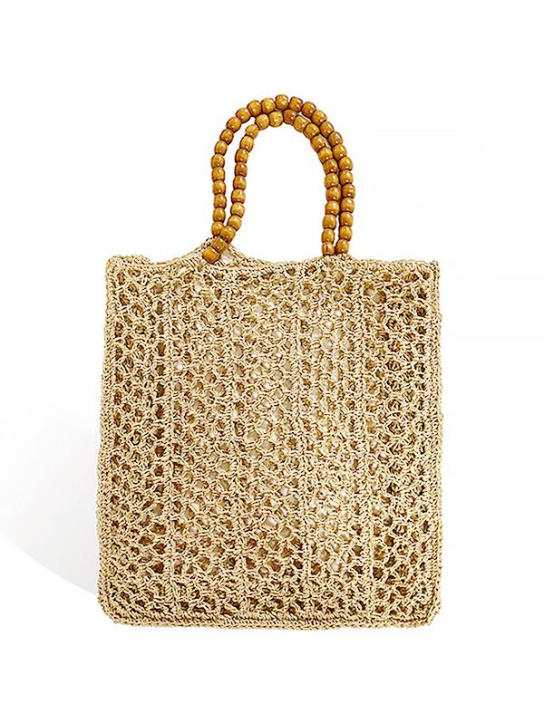 Women's Beads Handle Hollow Out Raffia Straw Handmade Braided Vacation Beach Tote Bag