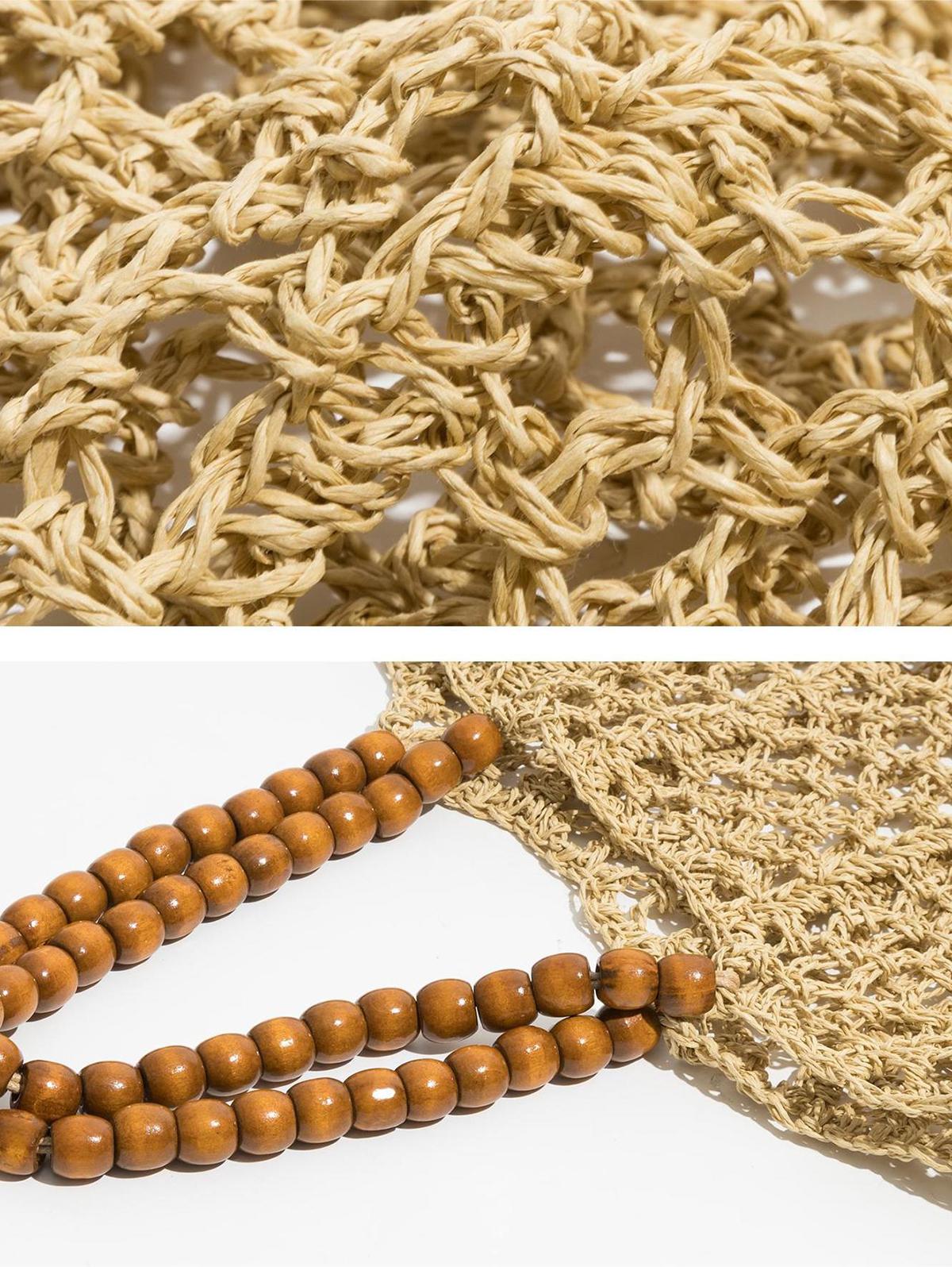 Women's Beads Handle Hollow Out Raffia Straw Handmade Braided Vacation Beach Tote Bag