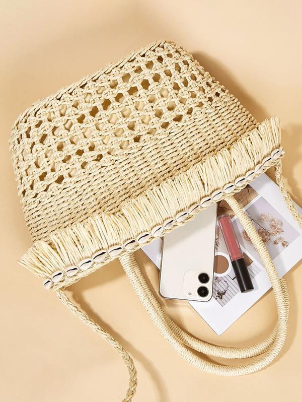 Shell Embellished Fringed Beach Vacation Straw Tote Bag
