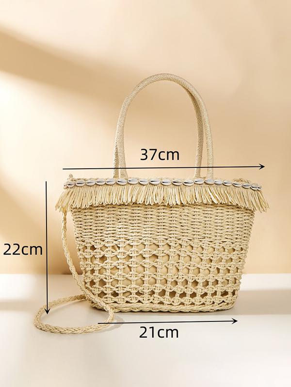 Shell Embellished Fringed Beach Vacation Straw Tote Bag
