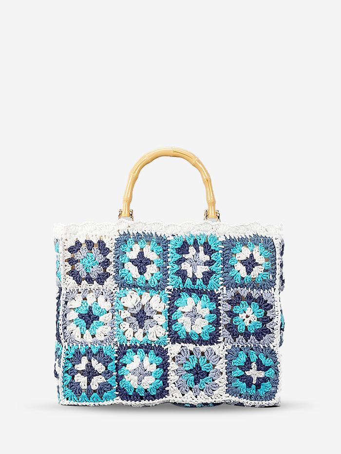 Women's Handmade Weave Random Flower Pattern Hollow Out Bamboo Joint Handle Vacation Beach Tote Bag (Random Color)