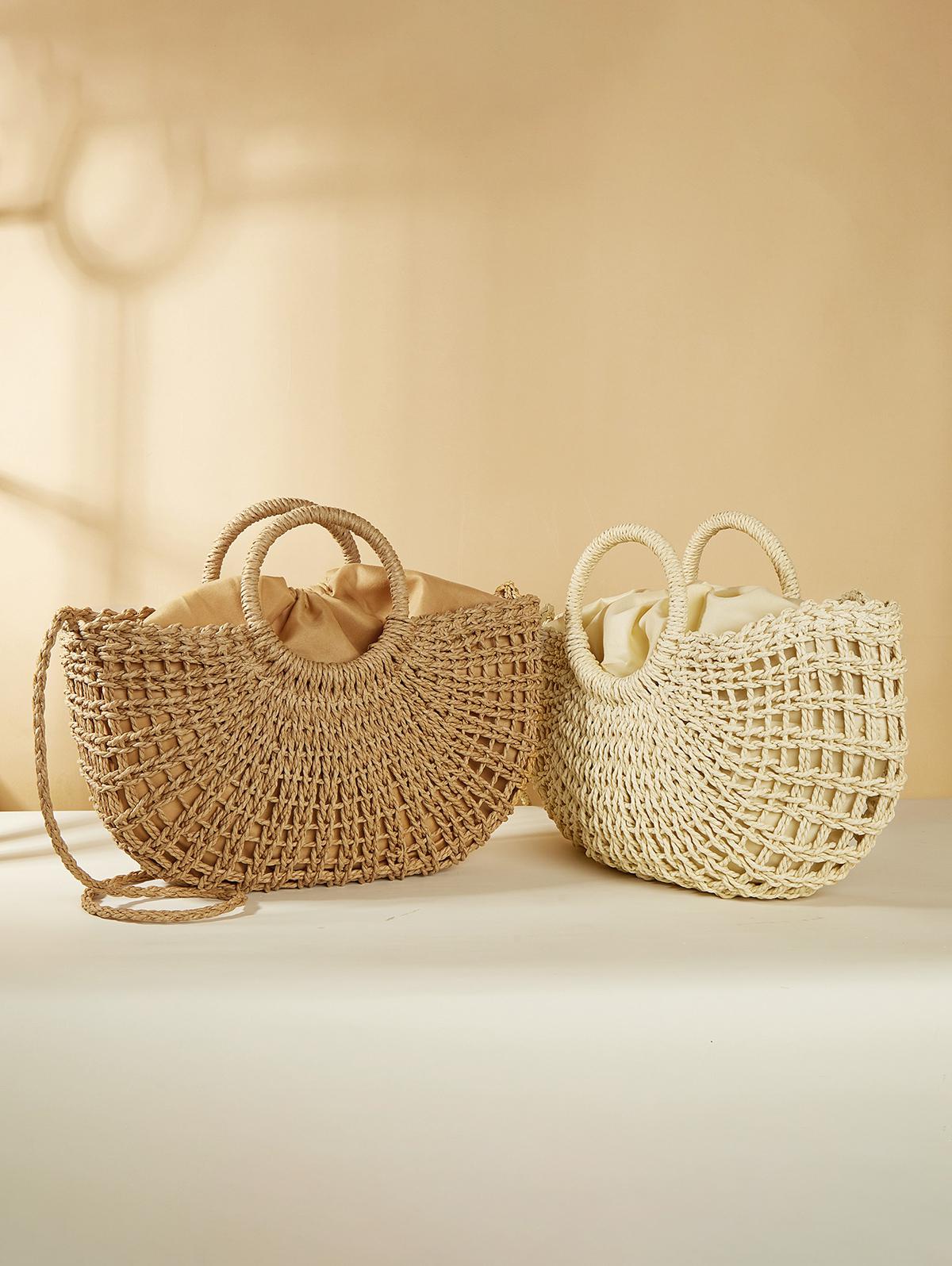 Women's Summer Vacation Bright Color Beach Half Moon Shape Raffia Crossbody Shoulder Straw Bag