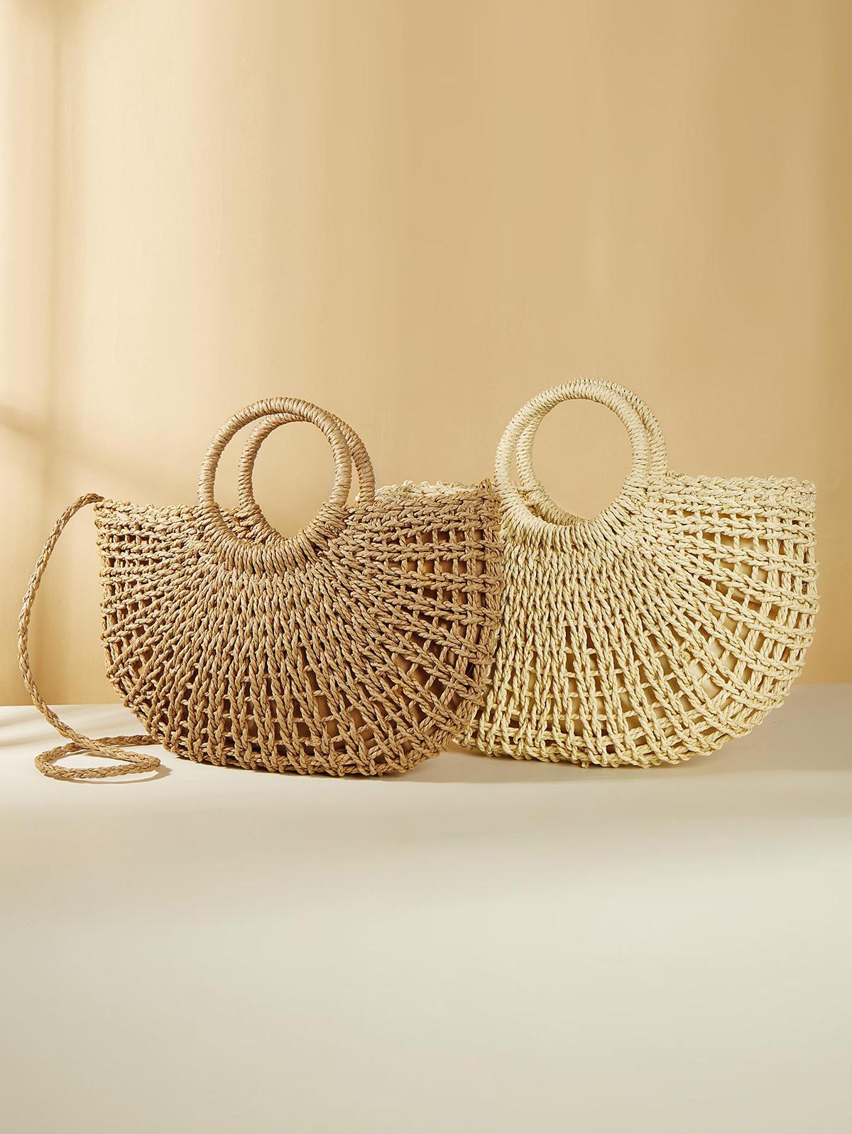 Women's Summer Vacation Bright Color Beach Half Moon Shape Raffia Crossbody Shoulder Straw Bag