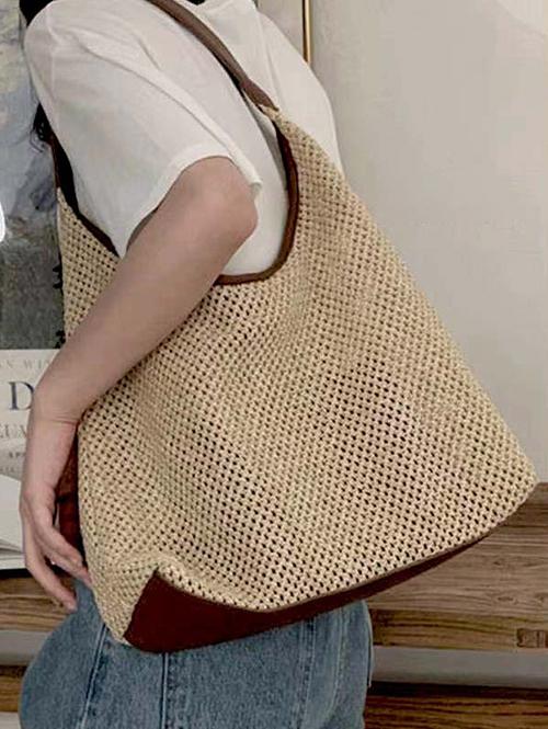 Women's Resort Summer Vacation Beach Large Capacity Raffia Straw Shoulder Tote Bag with Wristlet Bag