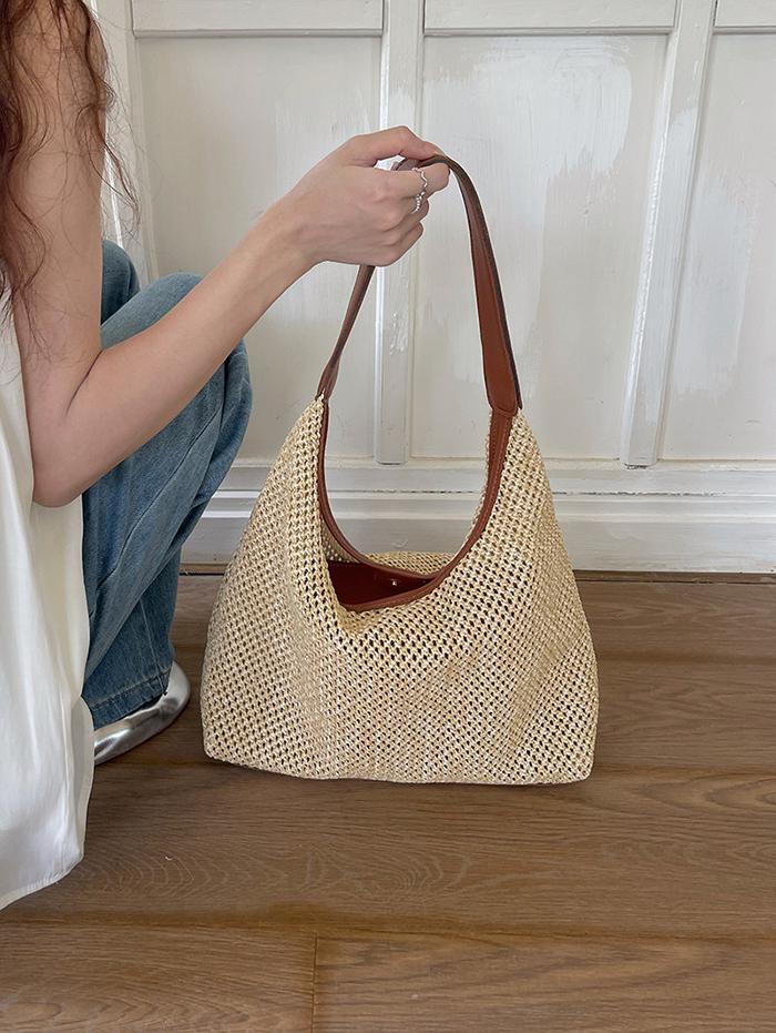 Women's Resort Summer Vacation Beach Large Capacity Raffia Straw Shoulder Tote Bag with Wristlet Bag