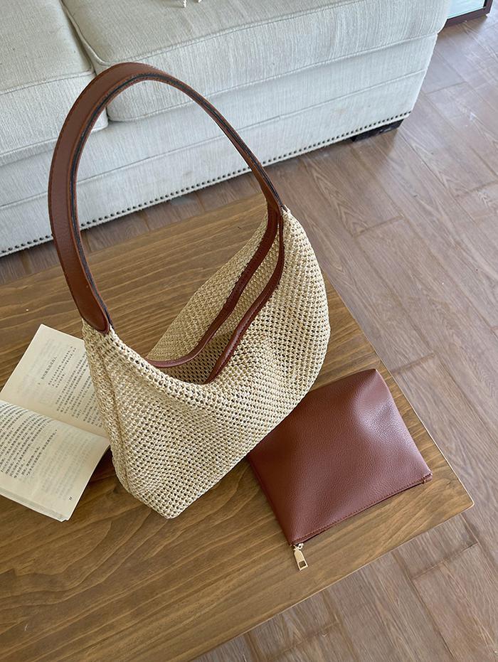Women's Resort Summer Vacation Beach Large Capacity Raffia Straw Shoulder Tote Bag with Wristlet Bag