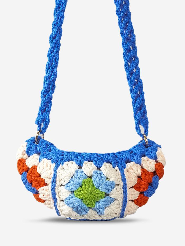 Women's Ethnic Retro Granny Floral Crochet Half Moon O Ring Decorated Crossbody Shoulder Bag
