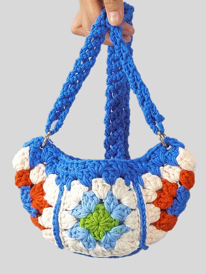 Women's Ethnic Retro Granny Floral Crochet Half Moon O Ring Decorated Crossbody Shoulder Bag