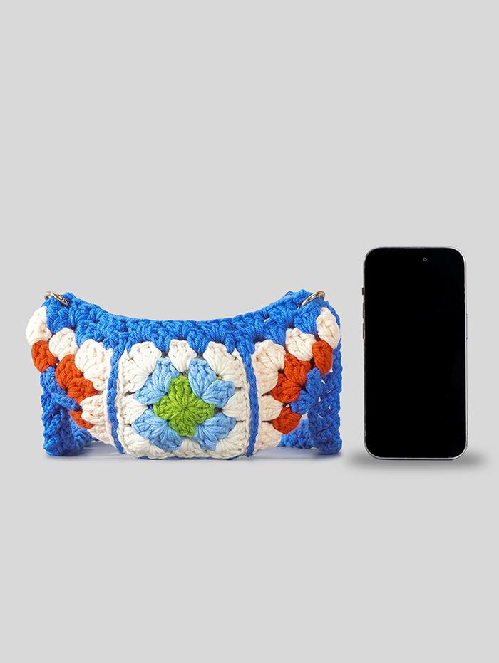 Women's Ethnic Retro Granny Floral Crochet Half Moon O Ring Decorated Crossbody Shoulder Bag