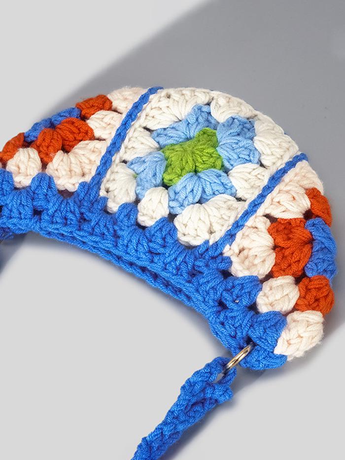 Women's Ethnic Retro Granny Floral Crochet Half Moon O Ring Decorated Crossbody Shoulder Bag
