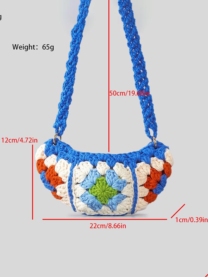 Women's Ethnic Retro Granny Floral Crochet Half Moon O Ring Decorated Crossbody Shoulder Bag