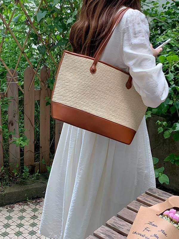 Women's Daily Casual Beach Vacation Colorblock Two Tone Straw Tote Shoulder Bag