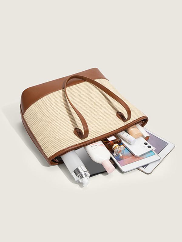 Women's Daily Casual Beach Vacation Colorblock Two Tone Straw Tote Shoulder Bag