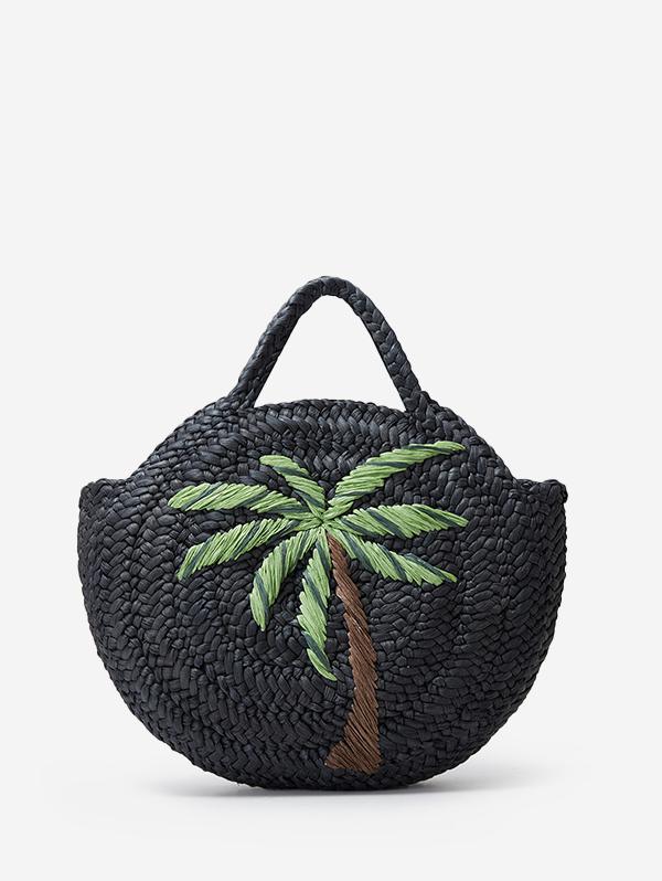 Women's Handmade Braided Coconut Tree Embroidered Raffia Straw Beach Round Tote Bag