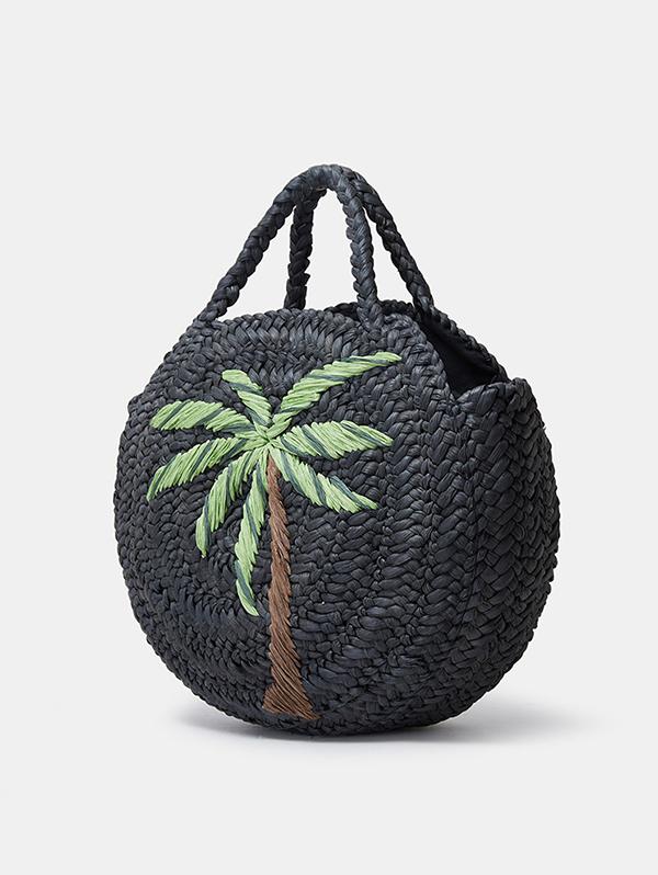 Women's Handmade Braided Coconut Tree Embroidered Raffia Straw Beach Round Tote Bag