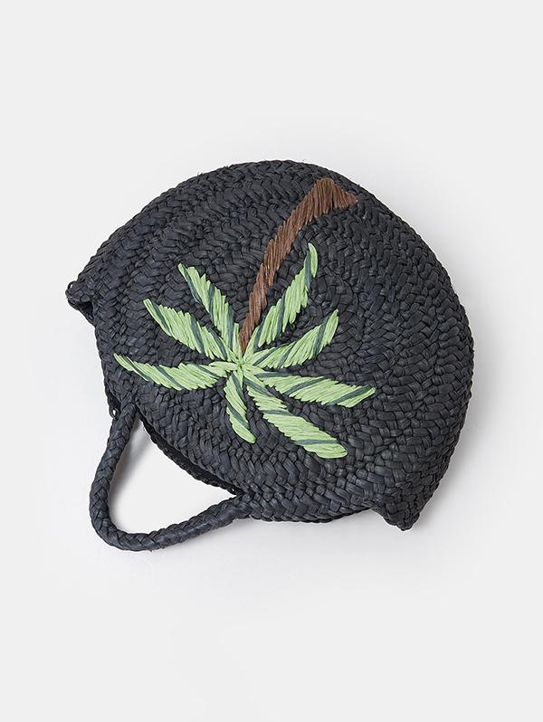 Women's Handmade Braided Coconut Tree Embroidered Raffia Straw Beach Round Tote Bag