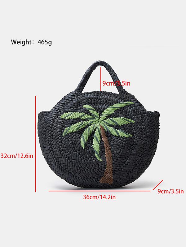 Women's Handmade Braided Coconut Tree Embroidered Raffia Straw Beach Round Tote Bag