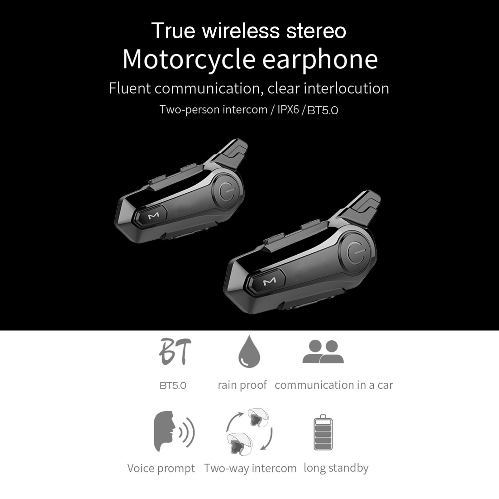 Motorcycle BT Intercom with Helmet BT Headset Waterproof Universal Communication System for ATV Dirt Bike Motorcycle