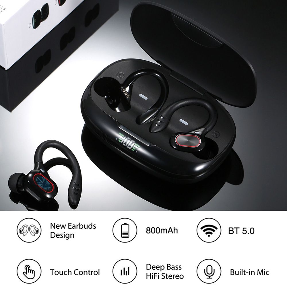 True Wireless Stereo BT 5.0 Earphones Chargeable Stereo Sound Earbuds Waterproof Touch-control Headset Compatible with Android/iOS/PC Tablet Black