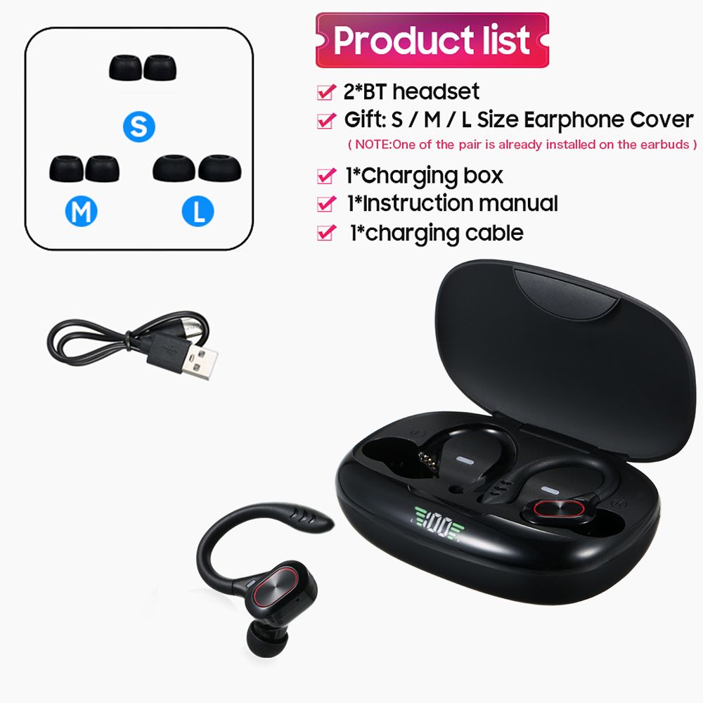 True Wireless Stereo BT 5.0 Earphones Chargeable Stereo Sound Earbuds Waterproof Touch-control Headset Compatible with Android/iOS/PC Tablet Black