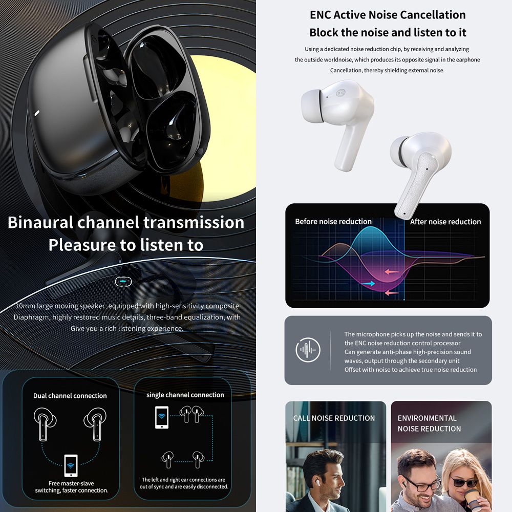 TWS ENC Noise Cancelling Headphones P9 BT Wireless Earphones Double Mark ENC Noise-cancelling calls Long Battery Life  Black