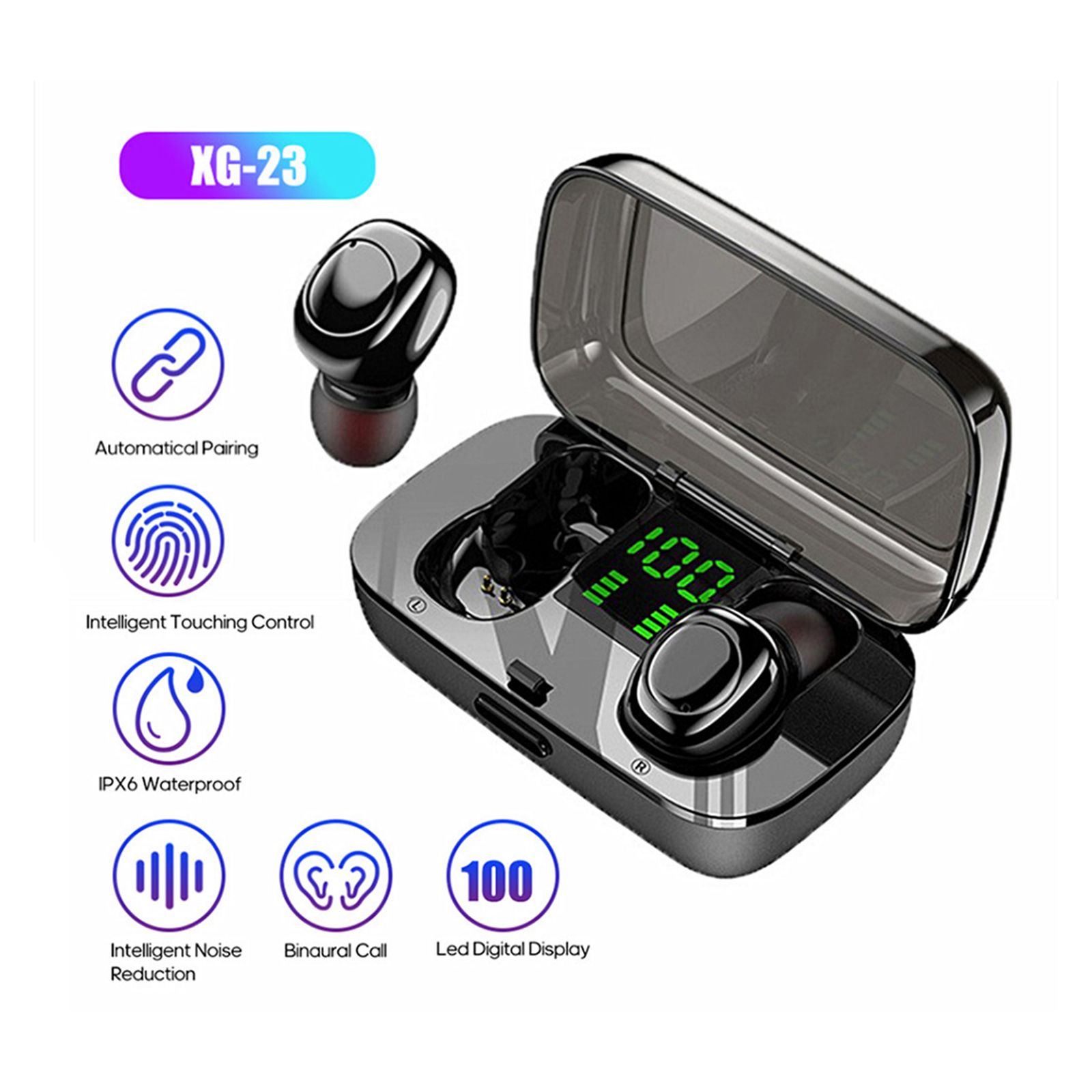XG-23 Sports Headphones IPX6 Waterproof Sweatproof Headset Stereo Sound Binaural Calling In-Ear Ergonomic Design Earbuds Intelligent Noise Reduction Canceling Cancellation Earphones with LED Digital Display Charging Case Box and Cable