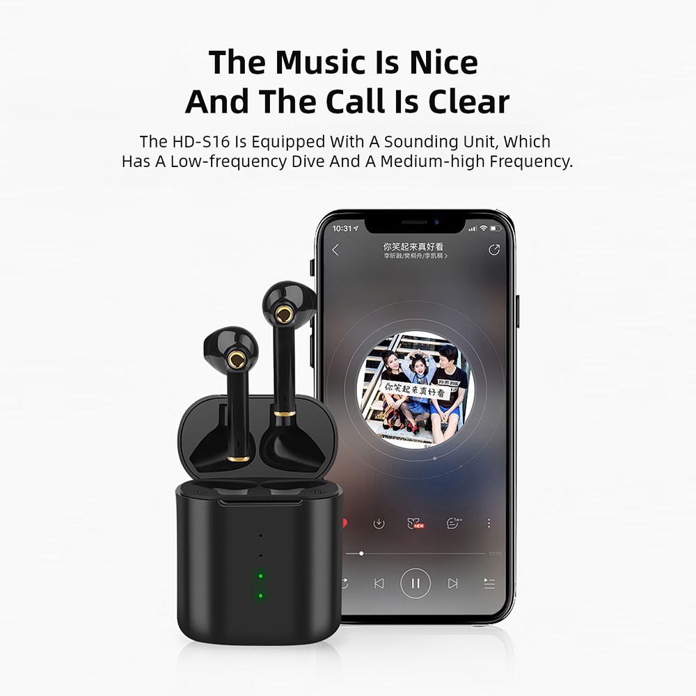 HD-S16 True Wireless BT Headset Sports Earphones Business Earbuds Stereo Touch Control for iPhone Noise Reduction Mini Headphones