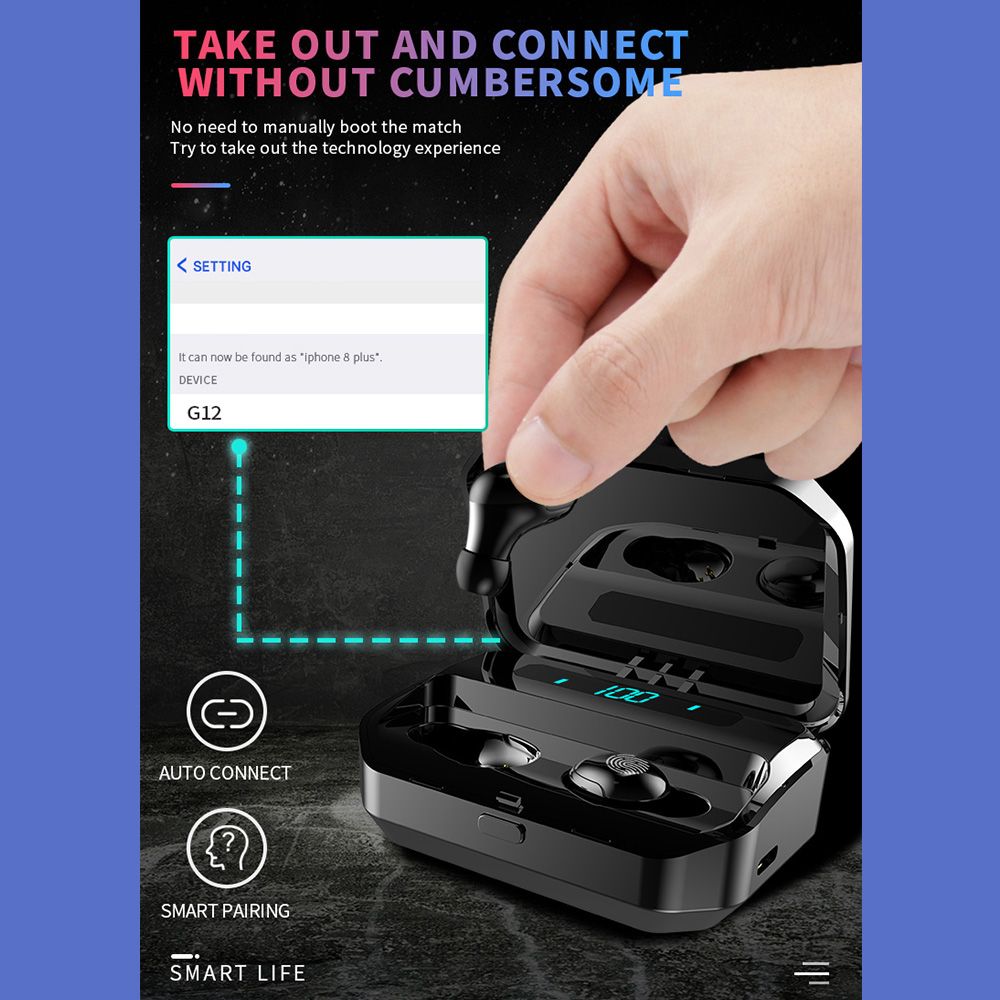G12 BT5.0 Earphones Fingerprint Touch Control Wireless HiFi Sound Stereo Bass With Mic Handsfree Wireless Mini Earbuds Sports In-ear Headset for iphone Smartphone