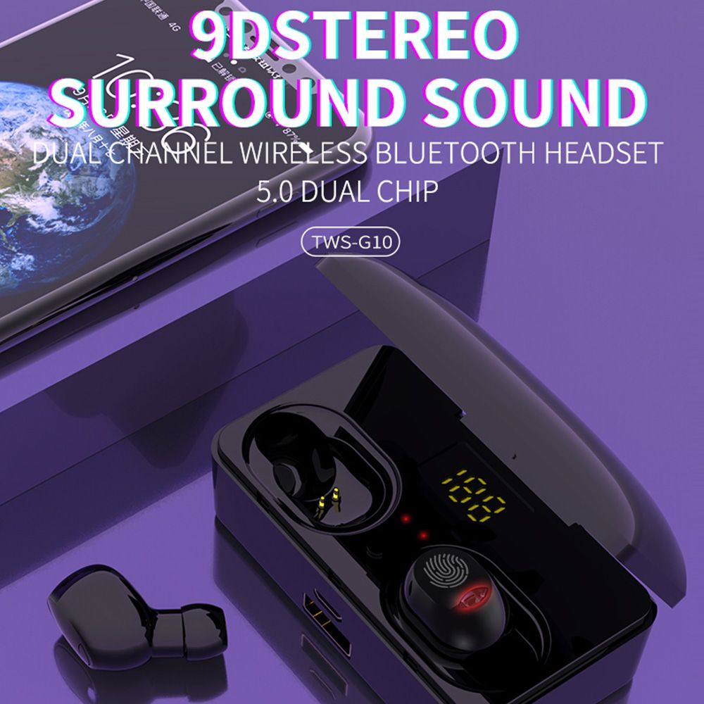 G10 True Wireless Stereo Earphones BT 5.0 Wireless Mini Sports Earbuds 9D HiFi Sound Headset HD Call Noise Reduction Headphones LED Digital Power Display Fingerprint Touch Control