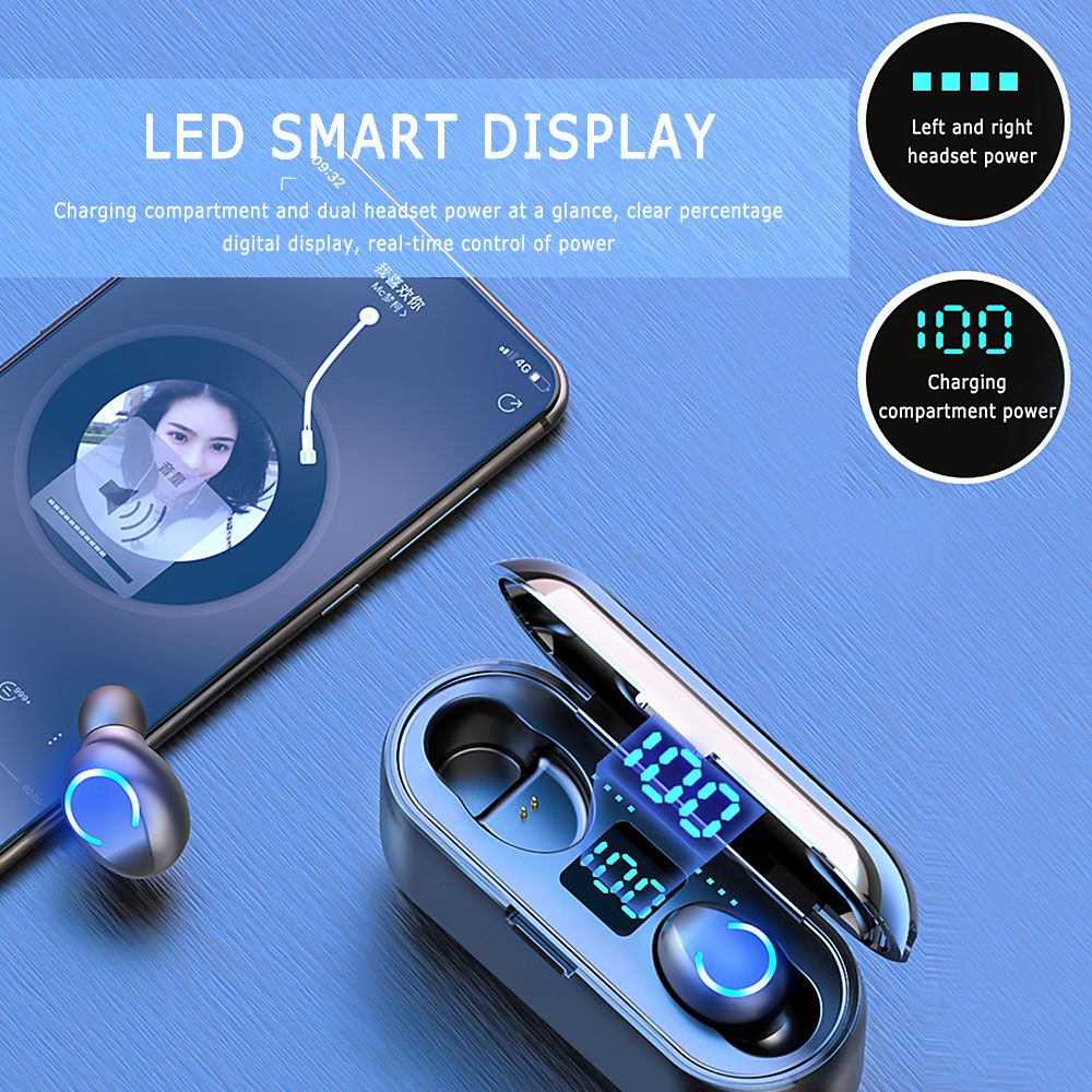 F9-8 Earphones BT 5.0 Wireless Mini Sports Earbuds 8D HiFi Sound Headset HD Call Noise Reduction Siri Voice Assistant Headphones With LED Digital Power Display