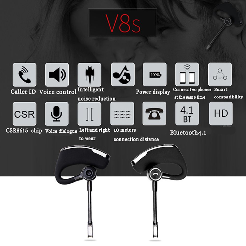 V8S BT In-ear Wireless Earphone Business Headset Handsfree Call BT Headphone Driving Sports Earbud With Mic Ear Hook 1pc